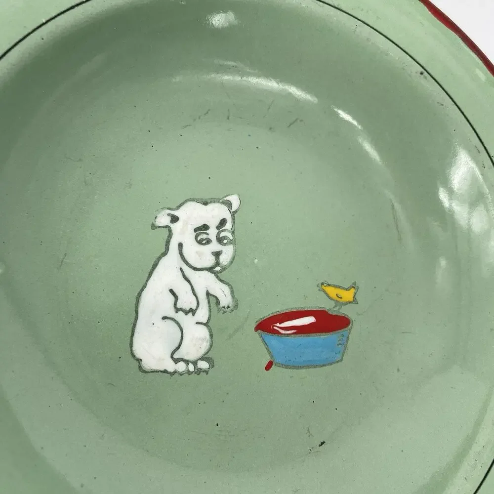 Antique Enamel Child’s Plate Germany Puppy Dog Feeding Bowl Green Red Rim